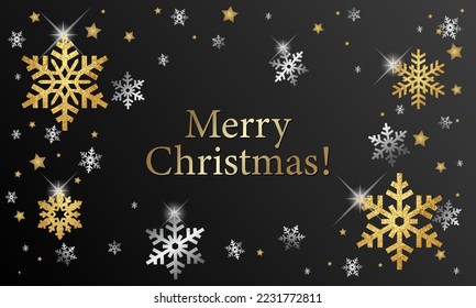 Christmas vector art background with gold and white snowflakes and black backdrop for cards. Holiday winter luxury template for cover design, flyer, poster, banner. Merry Christmas! Happy New Year!	

