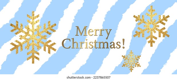Weihnachten, Vektorgrafik-Hintergrund mit goldenen Schneeflocken und weißblauem gestreiftem Hintergrund für Karten. Winterurlaub Luxus-Vorlage für Cover Design, Flyer, Poster, Banner. Frohe Weihnachten! Frohes neues Jahr!