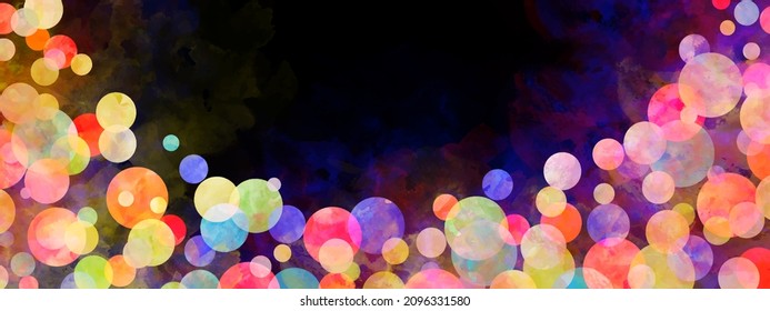 Christmas vector art blur background. Hand drawn color illustration for flyers, cards, cover, banner or wallpaper. Party. Festive colorful bokeh and highlights on black backdrop. Painted template.
