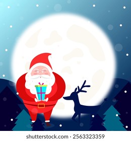 Christmas vector art illustration, Santa Claus falling snow with a cute deer and a beautiful moon.