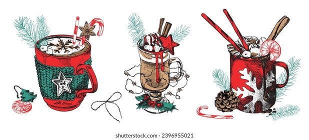 Christmas vector art. Red cup of hot drink Coffee Cocoa Black Cocktail, Christmas New Year Symbols set Hand drawn Retro Folk Art. Hand-sketched Clip Art Digital Elements DIY Invitation Cards Digital