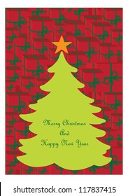 christmas vector backdrop design with tree, star, presents with ribbons and place for your text