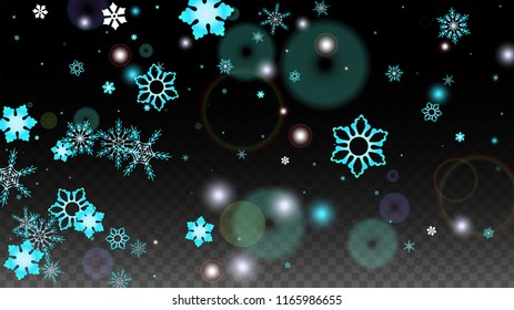 Christmas  Vector Background with Blue Falling Snowflakes Isolated on Transparent Background. Fantasy Snow Sparkle Pattern. Snowfall Overlay Print. Winter Sky. Design for  Poster.