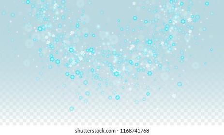 Christmas  Vector Background with Blue Falling Snowflakes Isolated on Transparent Background. Magic Snow Sparkle Pattern. Snowfall Overlay Print. Winter Sky. Design for  Banner.