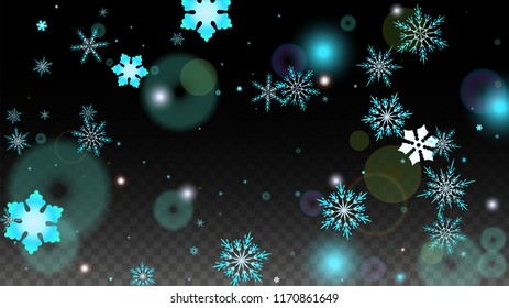 Christmas  Vector Background with Blue Falling Snowflakes Isolated on Transparent Background. Magic Snow Sparkle Pattern. Snowfall Overlay Print. Winter Sky. Design for  Banner.