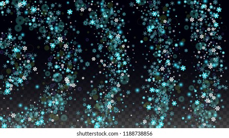 Christmas  Vector Background with Blue Falling Snowflakes Isolated on Transparent Background. Luxury Snow Sparkle Pattern. Snowfall Overlay Print. Winter Sky. Design for  Poster.