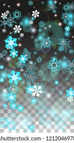 Christmas  Vector Background with Blue Falling Snowflakes Isolated on Transparent Background. Magic Snow Sparkle Pattern. Snowfall Overlay Print. Winter Sky. Design for  Banner.