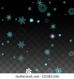 Christmas  Vector Background with Blue Falling Snowflakes Isolated on Transparent Background. Fantasy Snow Sparkle Pattern. Snowfall Overlay Print. Winter Sky. Design for  Banner.