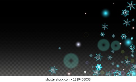 Christmas  Vector Background with Blue Falling Snowflakes Isolated on Transparent Background. Elegance Snow Sparkle Pattern. Snowfall Overlay Print. Winter Sky. Design for  Poster.