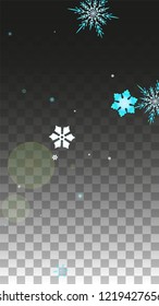 Christmas  Vector Background with Blue Falling Snowflakes Isolated on Transparent Background. Miracle Snow Sparkle Pattern. Snowfall Overlay Print. Winter Sky. Design for  Banner.