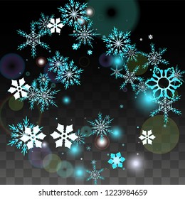 Christmas  Vector Background with Blue Falling Snowflakes Isolated on Transparent Background. Glitter Snow Sparkle Pattern. Snowfall Overlay Print. Winter Sky. Design for  Party Invitation.