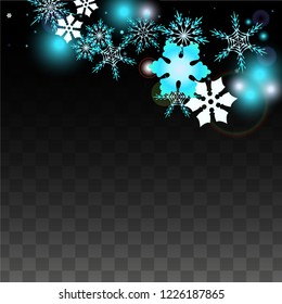 Christmas  Vector Background with Blue Falling Snowflakes Isolated on Transparent Background. Elegance Snow Sparkle Pattern. Snowfall Overlay Print. Winter Sky. Design for  Poster.