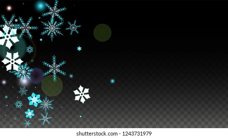 Christmas  Vector Background with Blue Falling Snowflakes Isolated on Transparent Background. Realistic Snow Sparkle Pattern. Snowfall Overlay Print. Winter Sky. Design for  Poster.