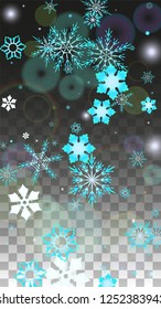 Christmas  Vector Background with Blue Falling Snowflakes Isolated on Transparent Background. Miracle Snow Sparkle Pattern. Snowfall Overlay Print. Winter Sky. Design for  Christmas Sale.