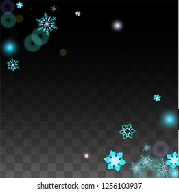 Christmas  Vector Background with Blue Falling Snowflakes Isolated on Transparent Background. Fantasy Snow Sparkle Pattern. Snowfall Overlay Print. Winter Sky. Design for  Christmas Sale.