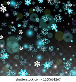 Christmas  Vector Background with Blue Falling Snowflakes Isolated on Transparent Background. Fantasy Snow Sparkle Pattern. Snowfall Overlay Print. Winter Sky. Design for  Party Invitation.