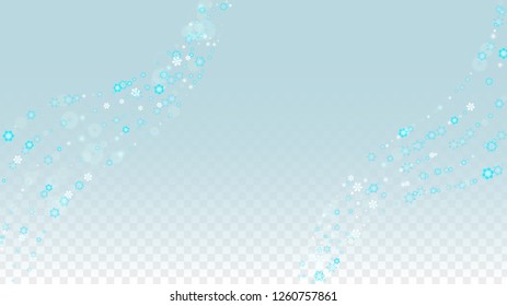 Christmas  Vector Background with Blue Falling Snowflakes Isolated on Transparent Background. Magic Snow Sparkle Pattern. Snowfall Overlay Print. Winter Sky. Design for  Poster.