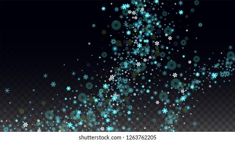 Christmas  Vector Background with Blue Falling Snowflakes Isolated on Transparent Background. Festival Snow Sparkle Pattern. Snowfall Overlay Print. Winter Sky. Design for  Banner.