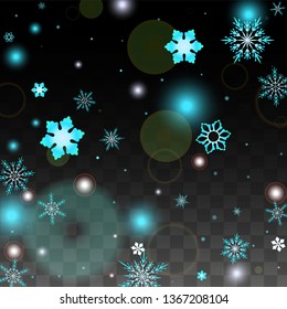 Christmas  Vector Background with Blue Falling Snowflakes Isolated on Transparent Background. Luxury Snow Sparkle Pattern. Snowfall Overlay Print. Winter Sky. Design for  Party Invitation.