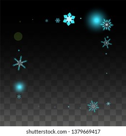 Christmas  Vector Background with Blue Falling Snowflakes Isolated on Transparent Background. Fantasy Snow Sparkle Pattern. Snowfall Overlay Print. Winter Sky. Design for  Christmas Sale.