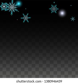 Christmas  Vector Background with Blue Falling Snowflakes Isolated on Transparent Background. Realistic Snow Sparkle Pattern. Snowfall Overlay Print. Winter Sky. Design for  Christmas Sale.