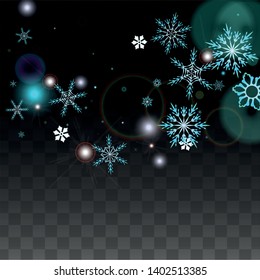 Christmas  Vector Background with Blue Falling Snowflakes Isolated on Transparent Background. Fantasy Snow Sparkle Pattern. Snowfall Overlay Print. Winter Sky. Design for  Christmas Sale.