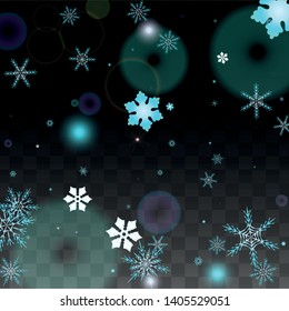 Christmas  Vector Background with Blue Falling Snowflakes Isolated on Transparent Background. Festival Snow Sparkle Pattern. Snowfall Overlay Print. Winter Sky. Design for  Banner.