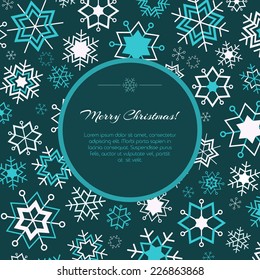 Christmas vector background. Blue Christmas seamless vector pattern and place for text. Snowflakes on blue background. Winter illustration.