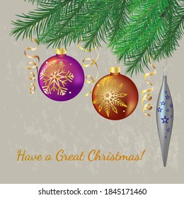 Christmas vector background. Branches of a Christmas tree with balls and icicle and serpentine.
