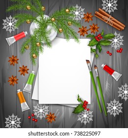 Christmas vector background with brushes, blank sheets of paper, fir twigs, paints on wooden table. Artist workplace top view