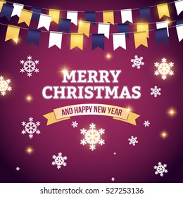 Christmas vector background with bunting and snowflakes for greeting card or party template