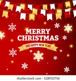 Christmas vector background with bunting and snowflakes for greeting card or party template