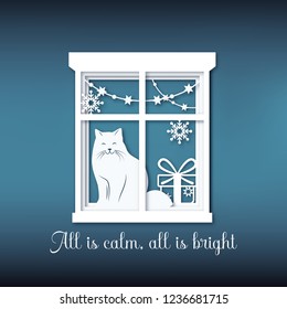 Christmas vector background with cat in paper style. EPS10. The cat sits on a winter window decorated with a garland.. 3D illustration. Christmas paper card.