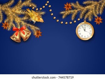 Christmas vector background with a clock, fir twigs, Christmas gold ornaments
