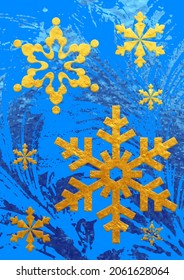Christmas vector background. Cover. Gold snowflakes on the blue backdrop. Frosty patterns on the window. Vector texture for flyer, poster, banner. Winter. Cold. Snow.