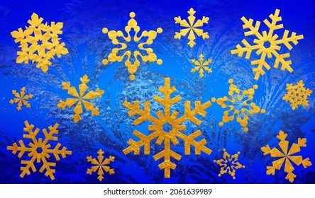 Christmas vector background. Cover. Gold snowflakes on the blue backdrop. Frosty patterns on the window. Vector texture for flyer, poster, banner. Light. Glow. Gradient. Winter. Cold. Snow.