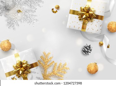 Christmas vector background. Creative design greeting card, banner, poster. Top view gift box, xmas decoration balls and snowflakes.