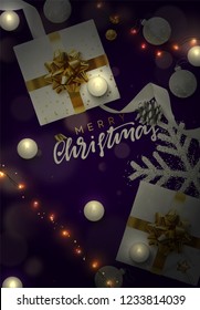 Christmas vector background. Creative design greeting card, banner, web poster. Top view of gift box, xmas decoration string lights garlands, balls and snowflakes.