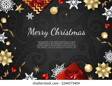 Christmas vector background. Creative design greeting card, banner, poster. Top view gift box, xmas balls, stars and snowflakes.