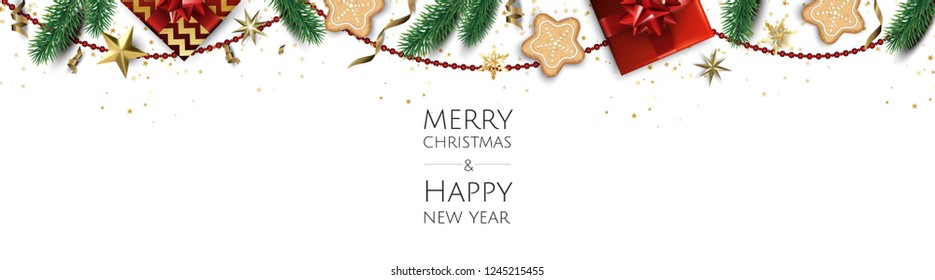 Christmas vector background. Creative design greeting card, banner, poster. Top view gift box, xmas balls, stars and snowflakes.