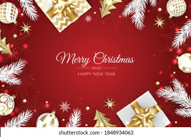 Christmas vector background. Creative design greeting card, banner, poster. Top view xmas decoration balls and snowflakes.