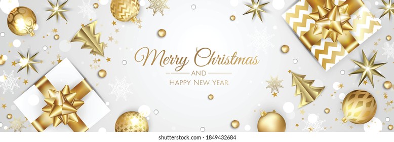 Christmas vector background. Creative design greeting card, banner, poster. Top view xmas decoration balls and snowflakes.