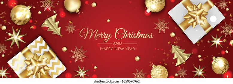 Fondo vectorial de Navidad. Tarjeta de bienvenida de diseño creativo, pancarta, afiche. Pelotas de decoración de navidad y copos de nieve con vista superior.