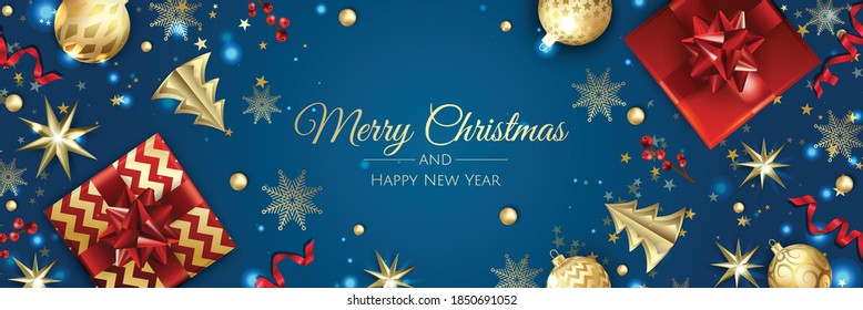 Christmas vector background. Creative design greeting card, banner, poster. Top view xmas decoration balls and snowflakes.