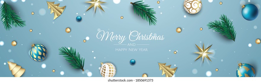 Christmas vector background. Creative design greeting card, banner, poster. Top view xmas decoration balls and snowflakes.