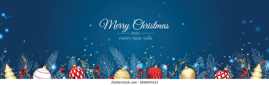 Christmas vector background. Creative design greeting card, banner, poster. Top view xmas decoration balls and snowflakes.