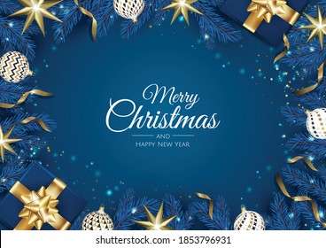 Christmas vector background. Creative design greeting card, banner, poster. Top view gift box, xmas decoration balls and snowflakes.