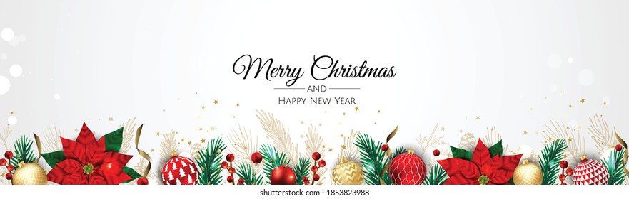 Christmas vector background. Creative design greeting card, banner, poster. Top view xmas decoration balls and snowflakes.