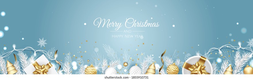 Christmas vector background. Creative design greeting card, banner, poster. Top view gift box, xmas decoration balls and snowflakes.