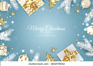 Christmas vector background. Creative design greeting card, banner, poster. Top view gift box, xmas decoration balls and snowflakes.